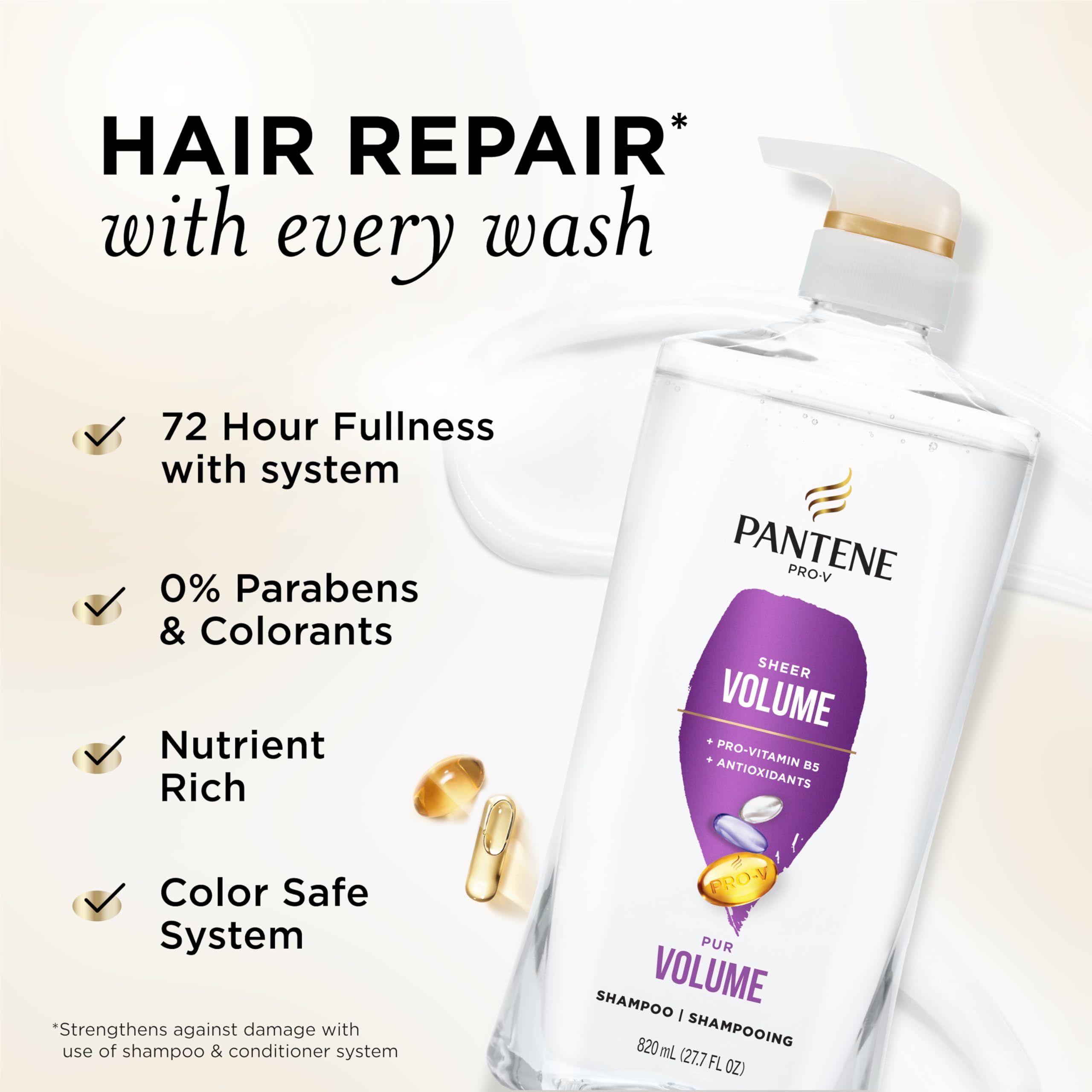 Pantene Volumen Ligero, espuma nutritiva, deja cabello ligero y con cuerpo.