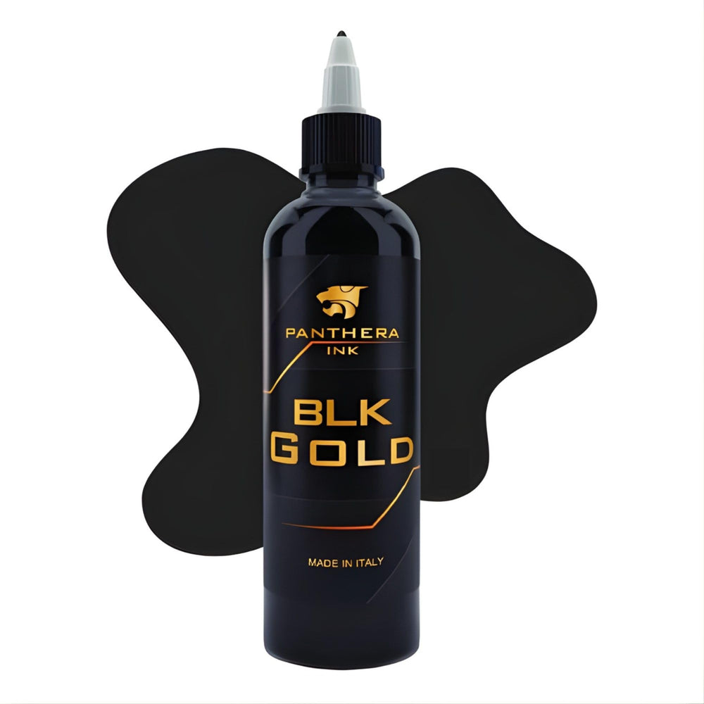 Panthera Black BLK Gold tattoo ink label, EU compliant, quality you can rely on.