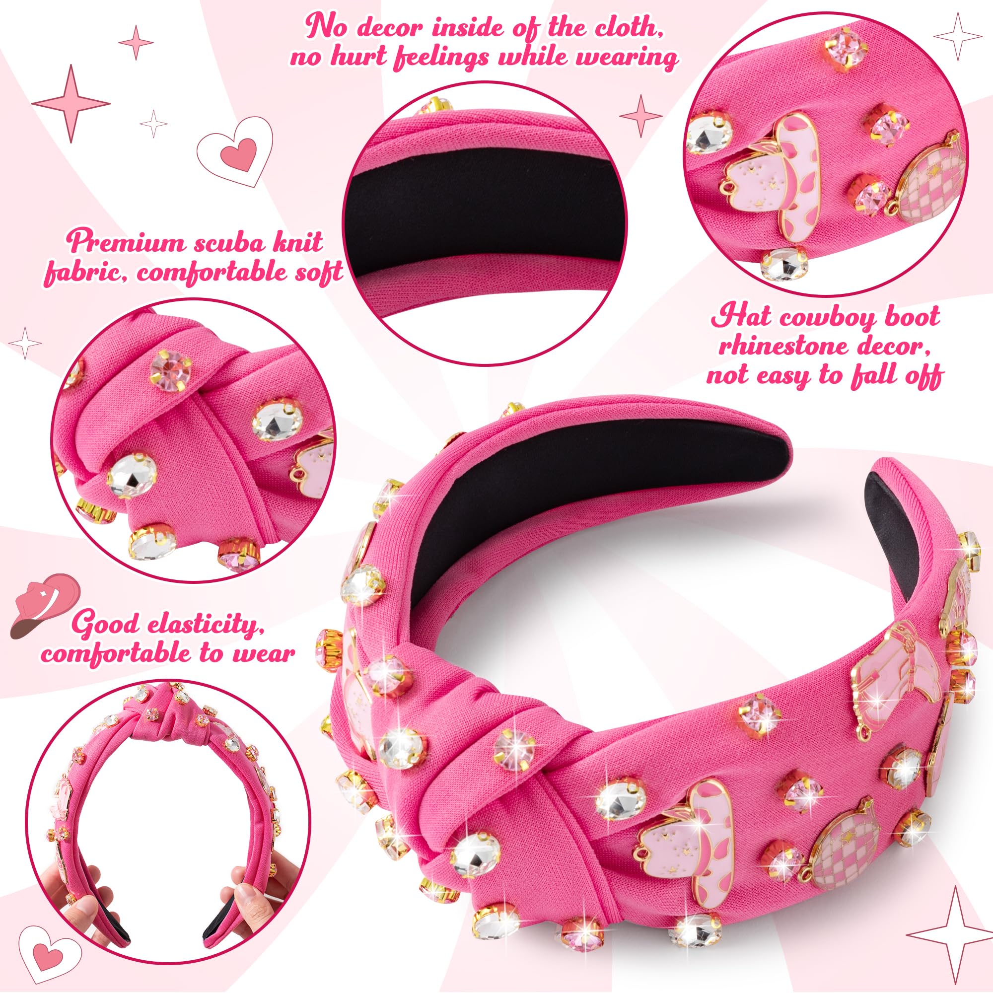 Pantide diadema vaquera con motivo botas rosa, estiliza peinados diarios.