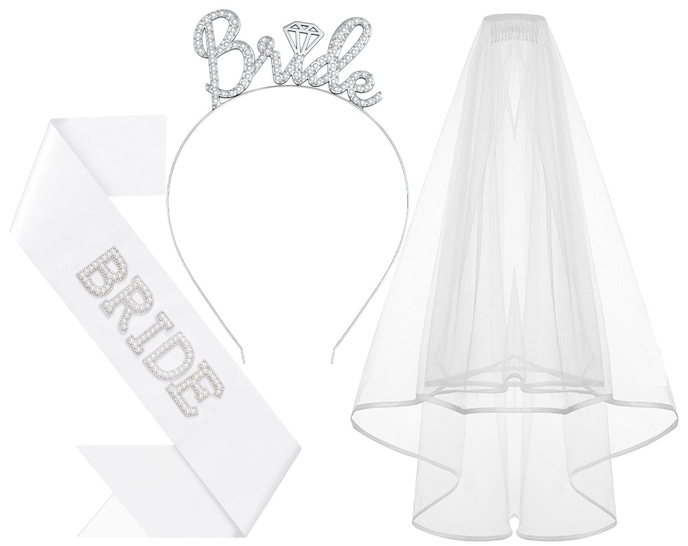 Papoopy Bride to Be headband with sash and veil, front view for festive bridal photo ops.