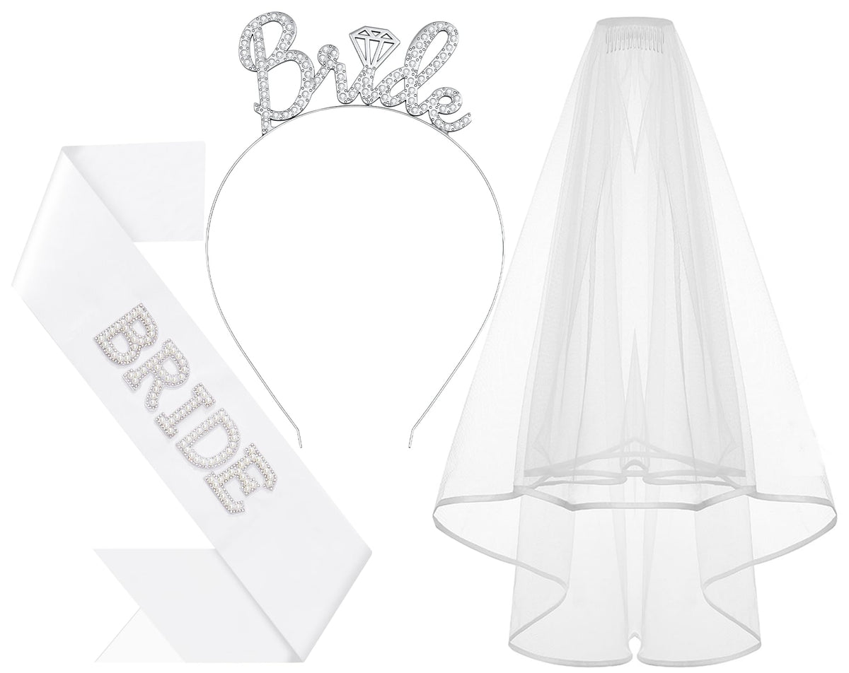 Papoopy Bride to Be headband with sash and veil, front view for festive bridal photo ops.