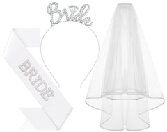 Papoopy Bride to Be headband with sash and veil, front view for festive bridal photo ops.