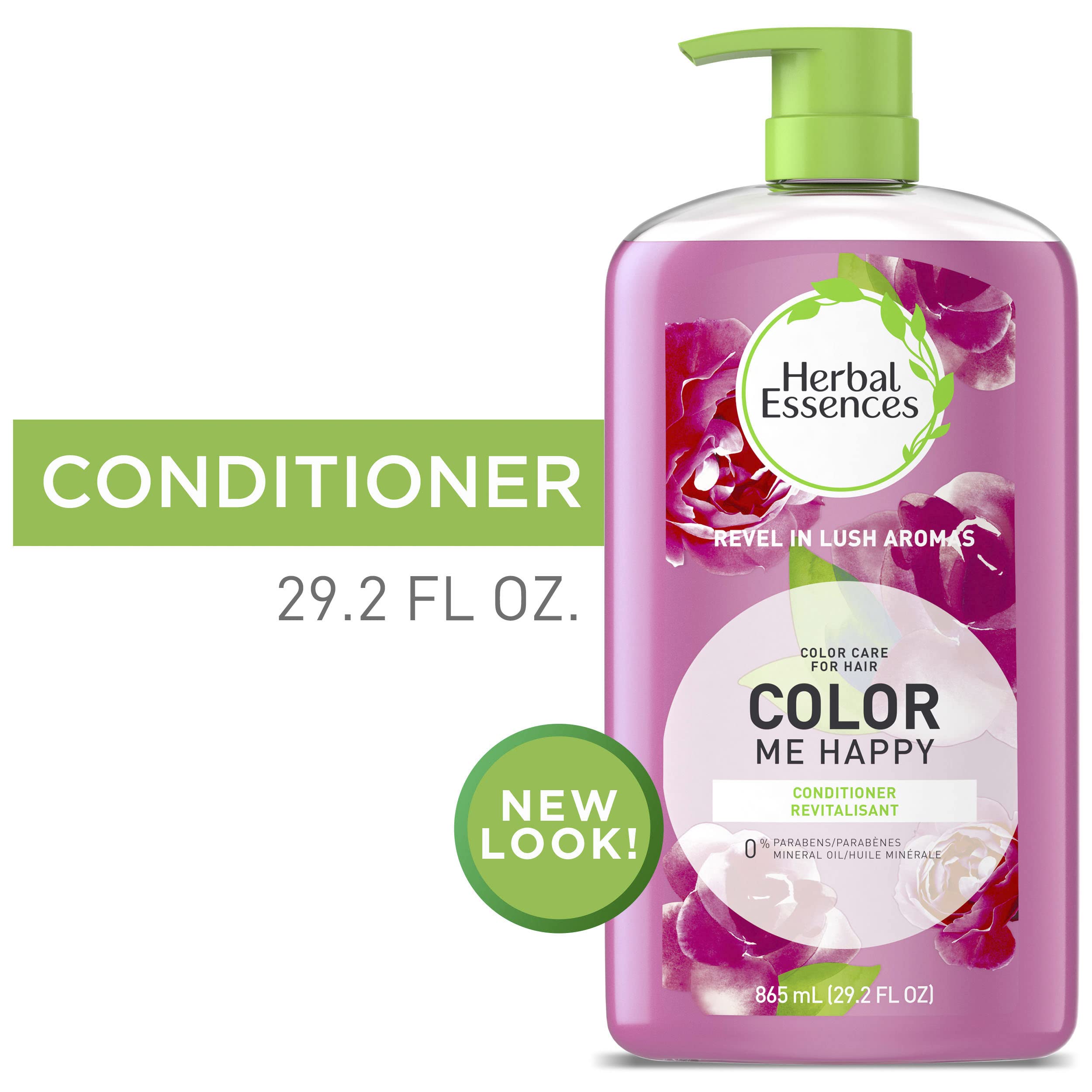 Herbal Essences Color Me Happy label shows paraben-free and mineral oil-free formula