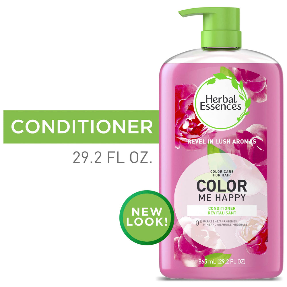 Herbal Essences Color Me Happy label shows paraben-free and mineral oil-free formula