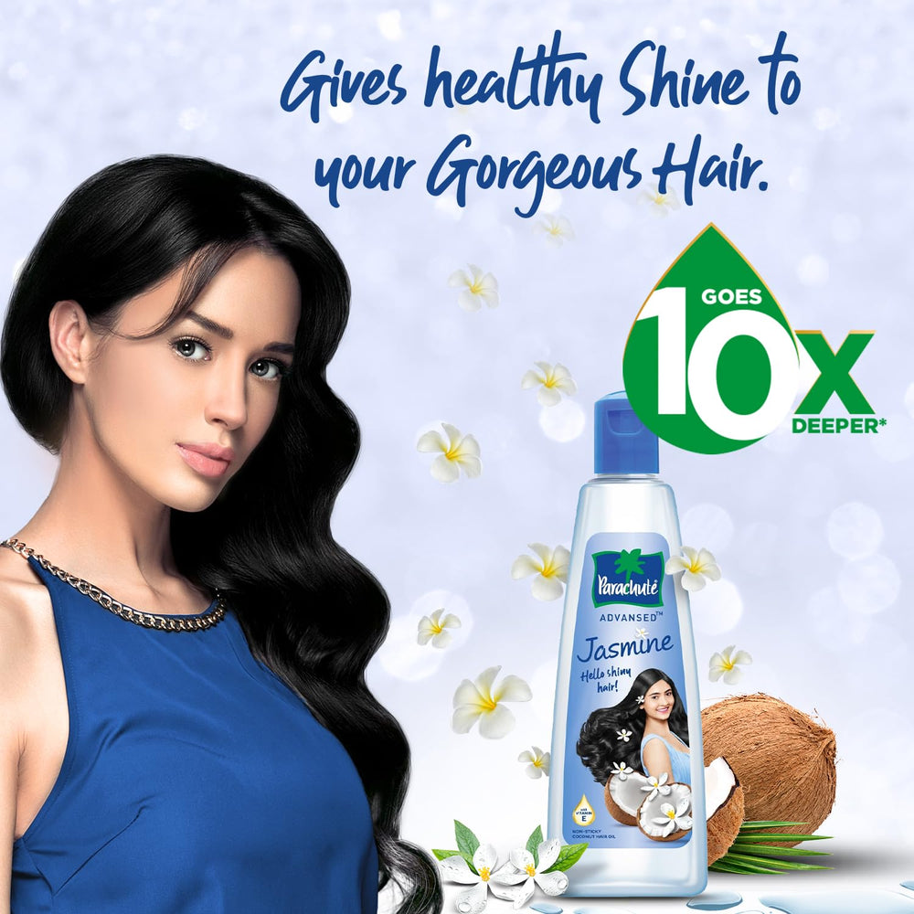 Parachute Advansed Jasmine fragrance hair closeup highlights natural shine.