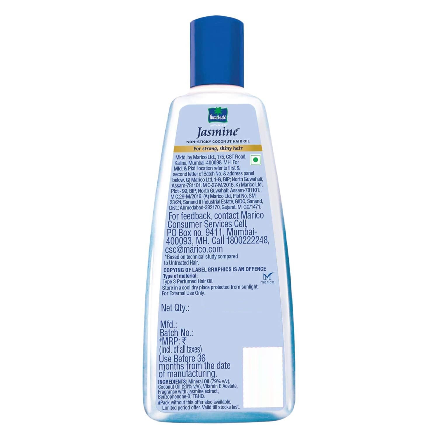 Parachute Advansed packaging back label offers ingredients and usage tips.