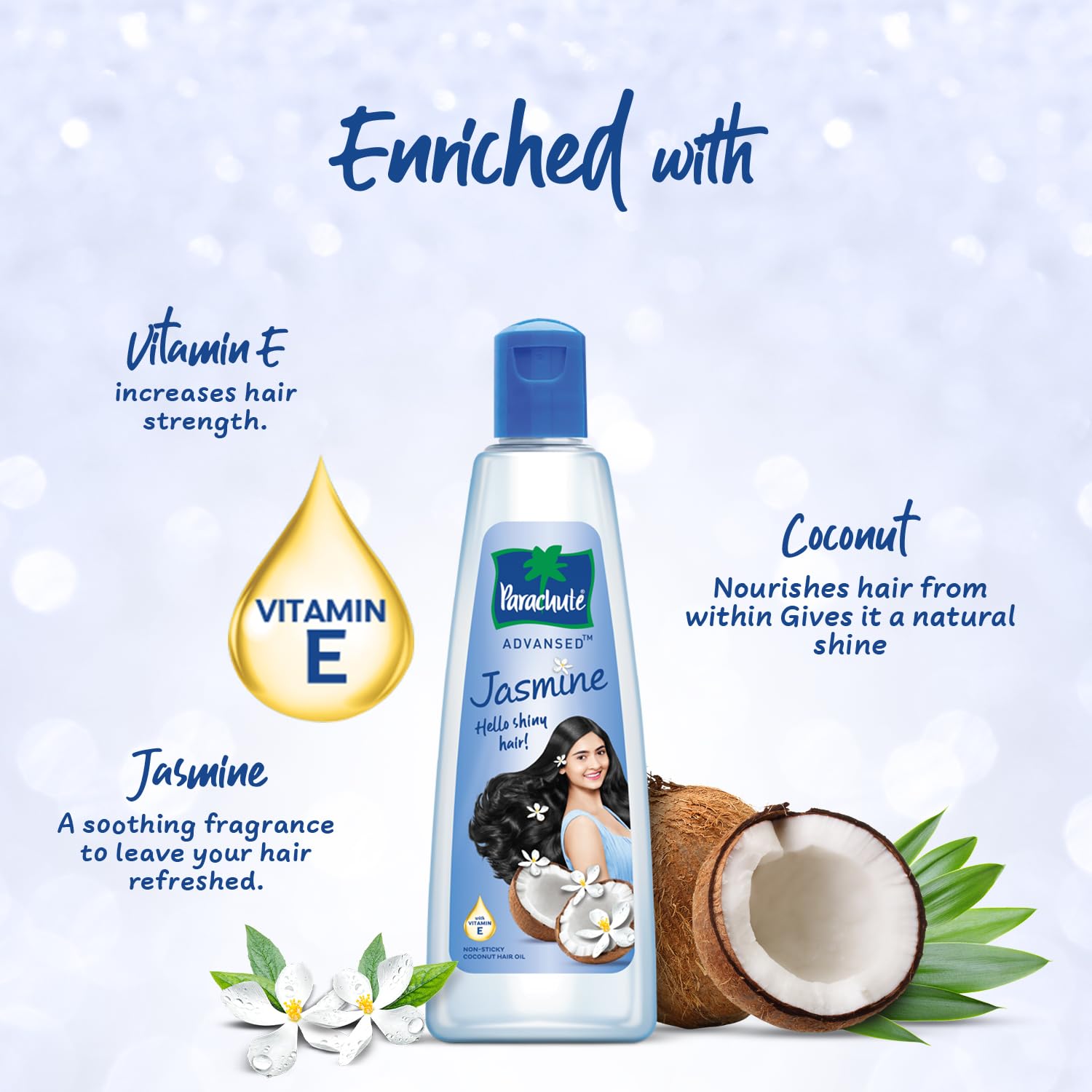 Parachute Advansed Vitamin E enriched oil shows glossy, strengthened strands.