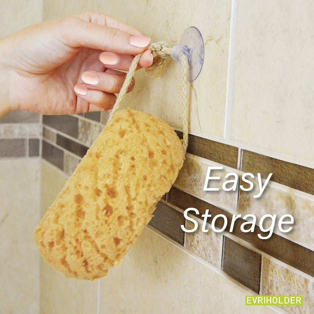 Paradiso Evriholder Sea Foam Sponge in shower with suction cup for easy hanging