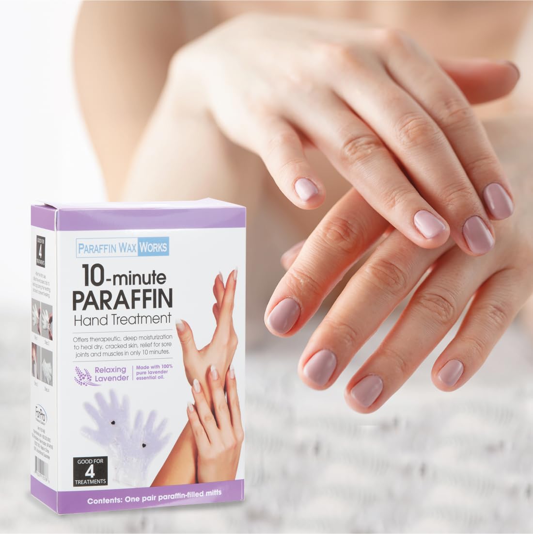 Paraffin Wax Works lavender oil infusion for calming aroma during treatment.
