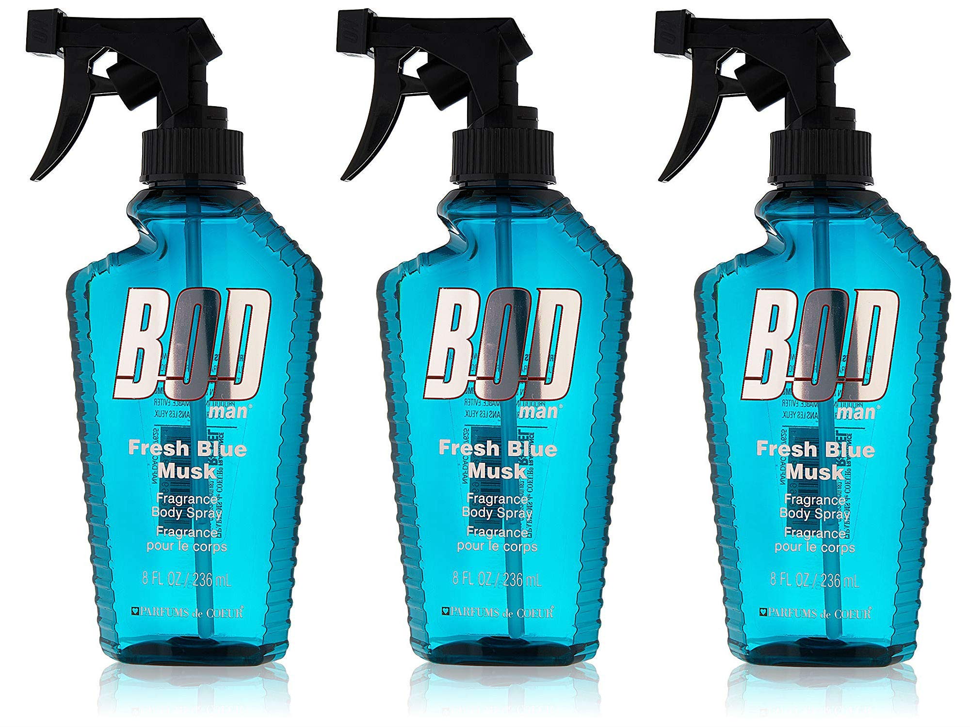 Parfums De Coeur BOD Man Fresh Blue Musk bottle, 8 oz, versatile everyday fragrance.