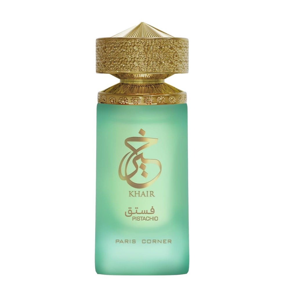 Paris Corner Pistachio Khair bottle front view, ideal for everyday unisex fragrance.