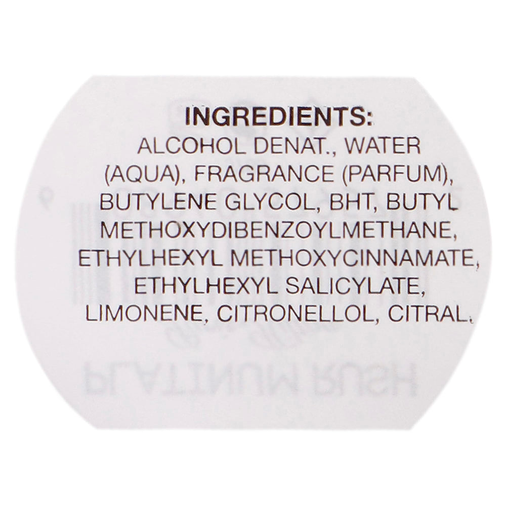 Paris Hilton Platinum Rush bottle back view showcasing long-lasting fragrance for evening occasions.