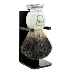 Parker 100% black badger brush with ivory marble handle delivers rich lather.