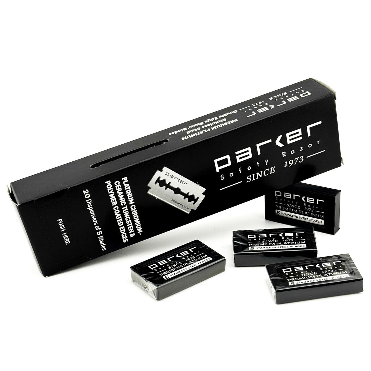 Parker 100 count DE blades pack for bulk home grooming and barbershop use