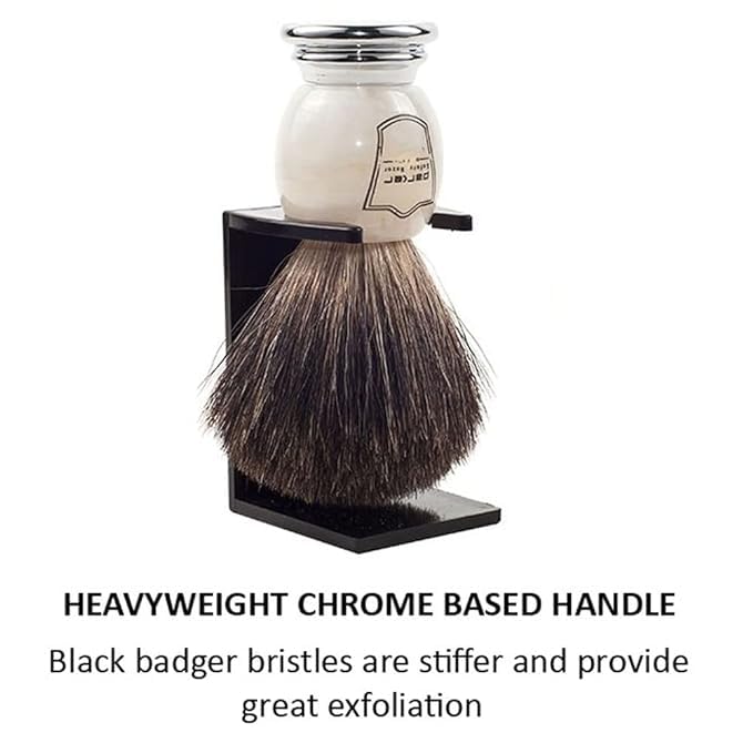 Parker chrome-based marble handle adds durability and weight for easier lathering.