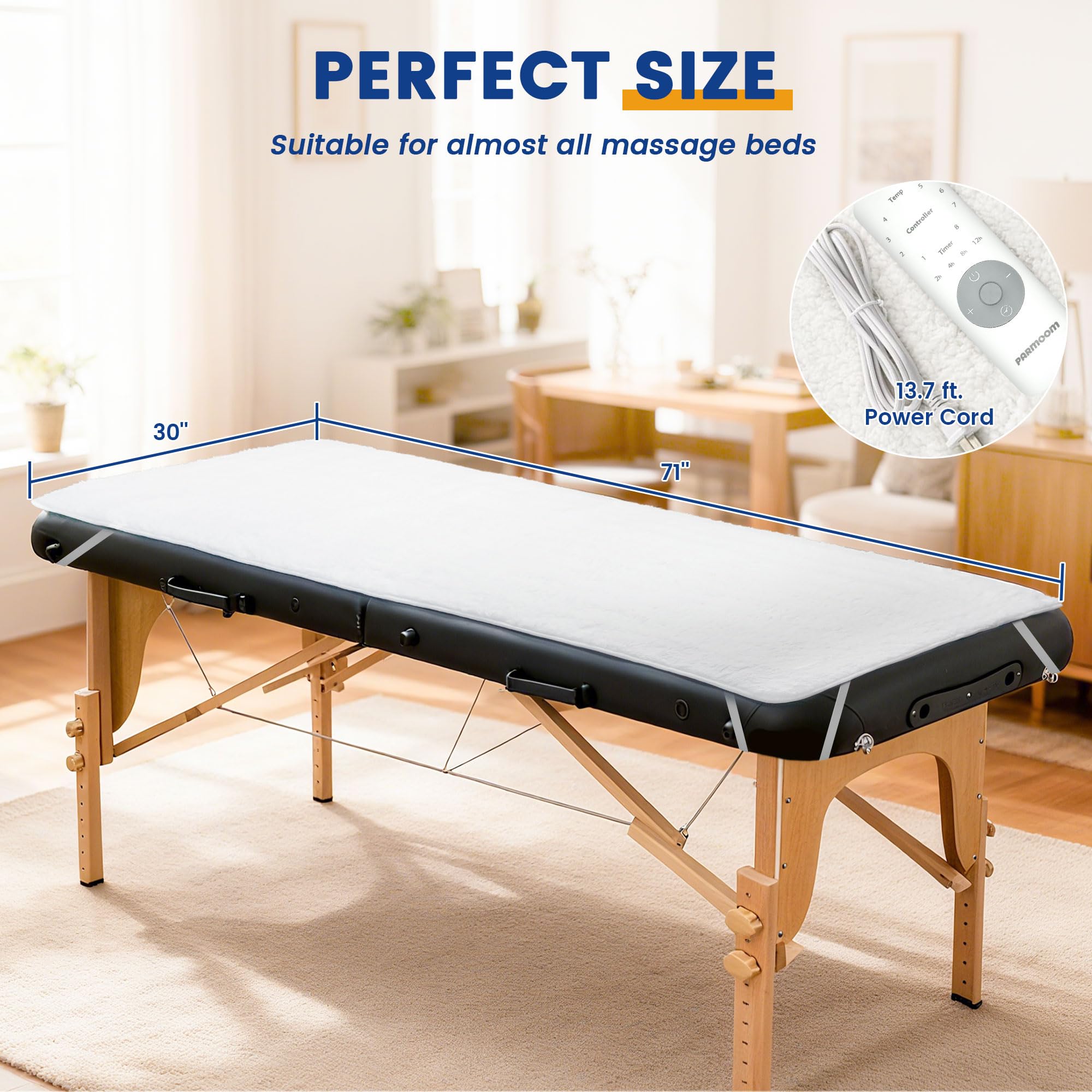 Size is 30x71 inches with corner straps for standard tables.