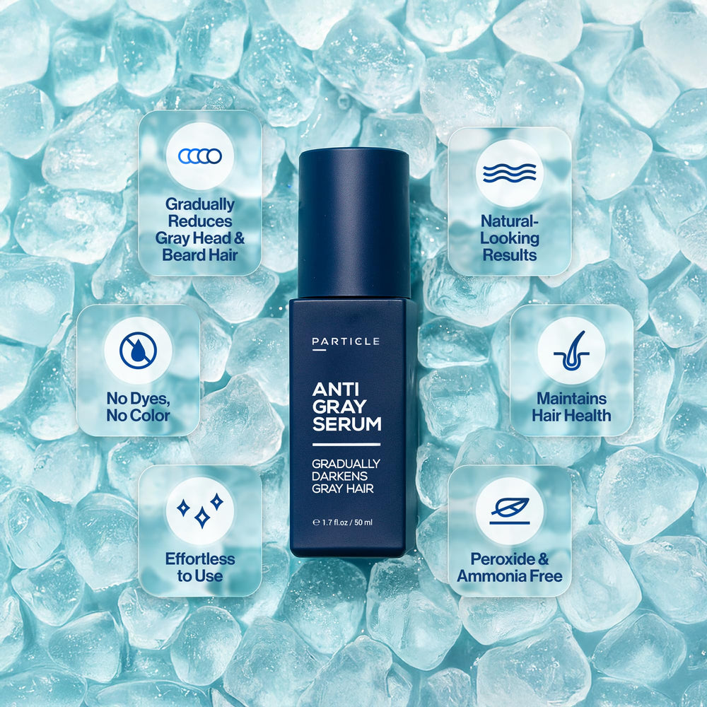 Particle Anti-Gray Serum ingredients label highlights Silverfree and Melitane for scalp health