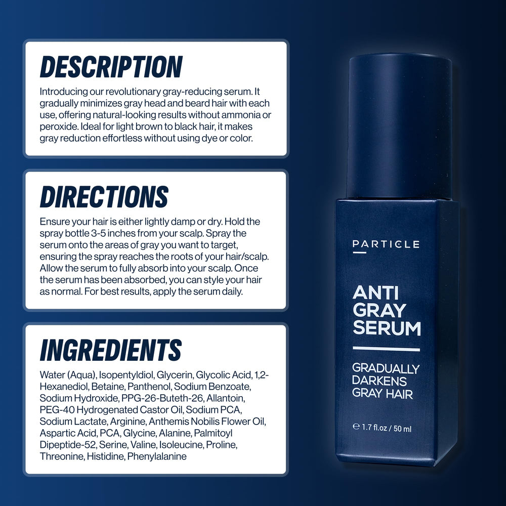 Particle Anti-Gray Serum in a masculine grooming setup for daily routine