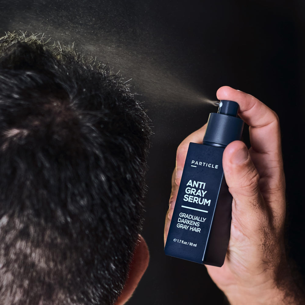 Particle Anti-Gray Serum packaging box emphasizes gentle, daily-use formula