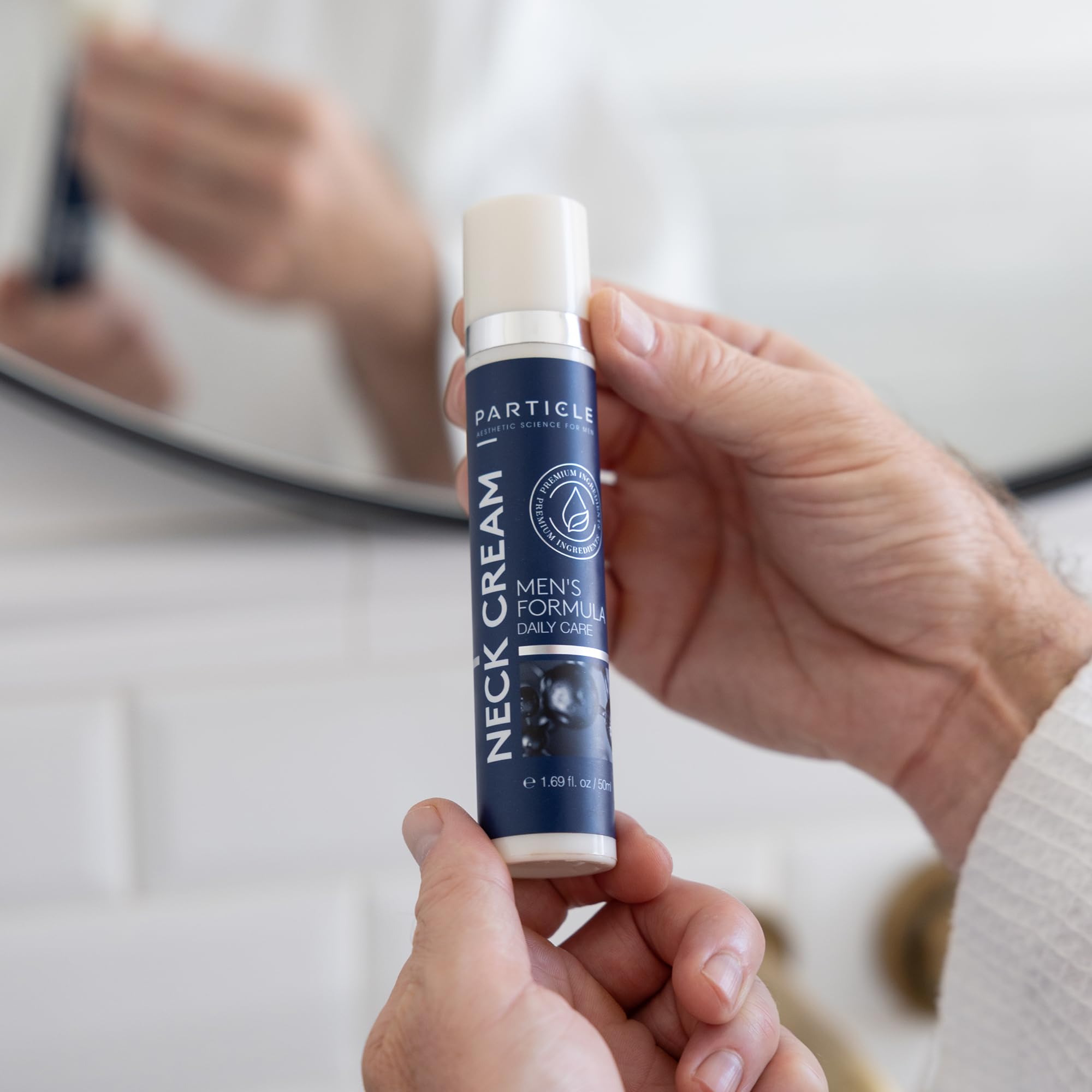 Particle collection image highlighting men’s skin care line and ingredients