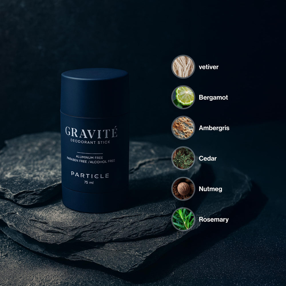 Particle Gravité Deodorant bottle cap highlighting premium masculine design.