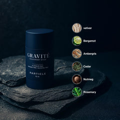 Particle Gravité Deodorant bottle cap highlighting premium masculine design.