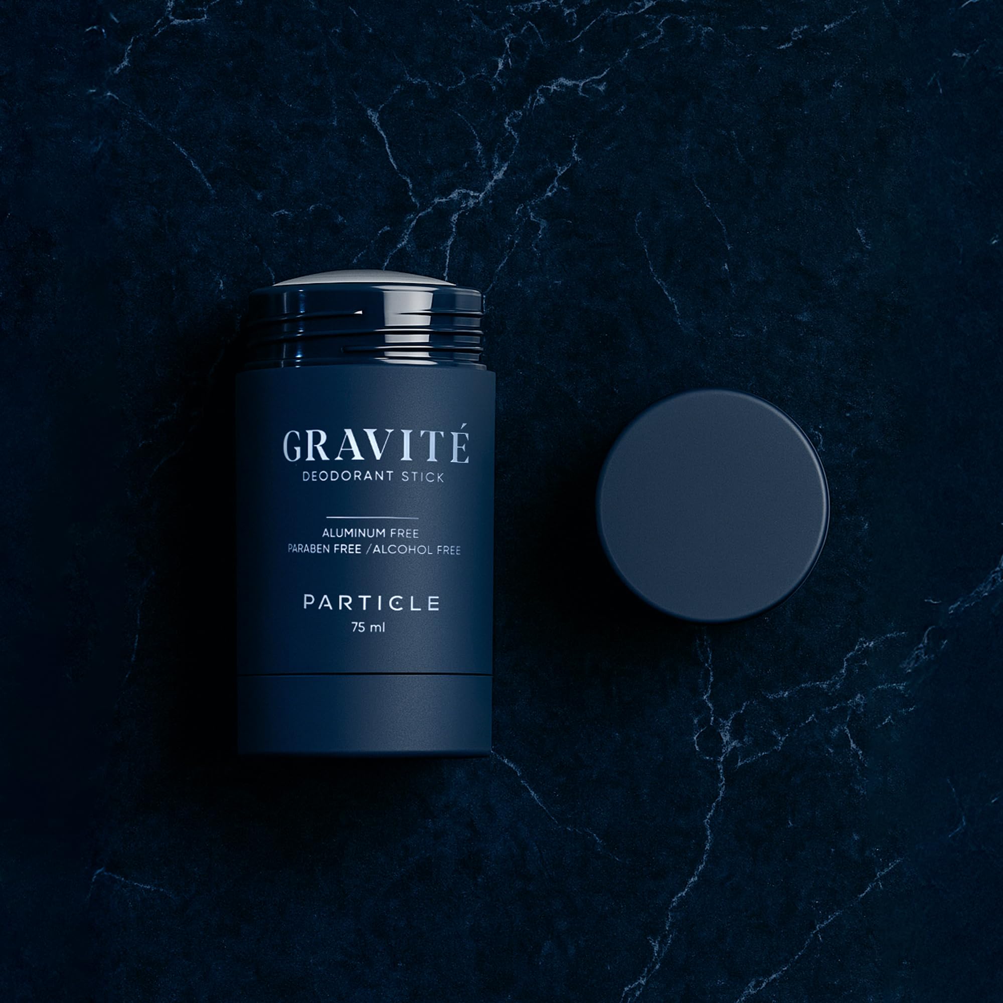 Particle Gravité Deodorant label closeup showing refined branding.