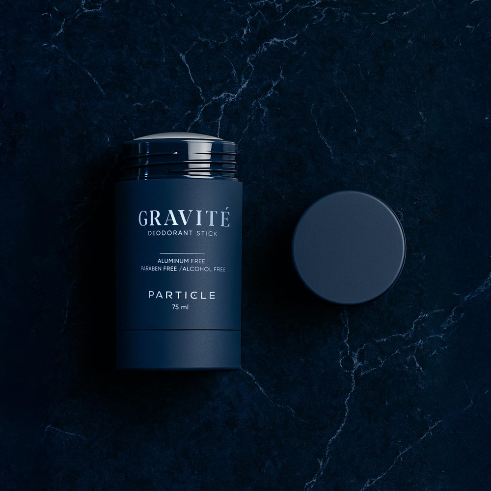 Particle Gravité Deodorant label closeup showing refined branding.