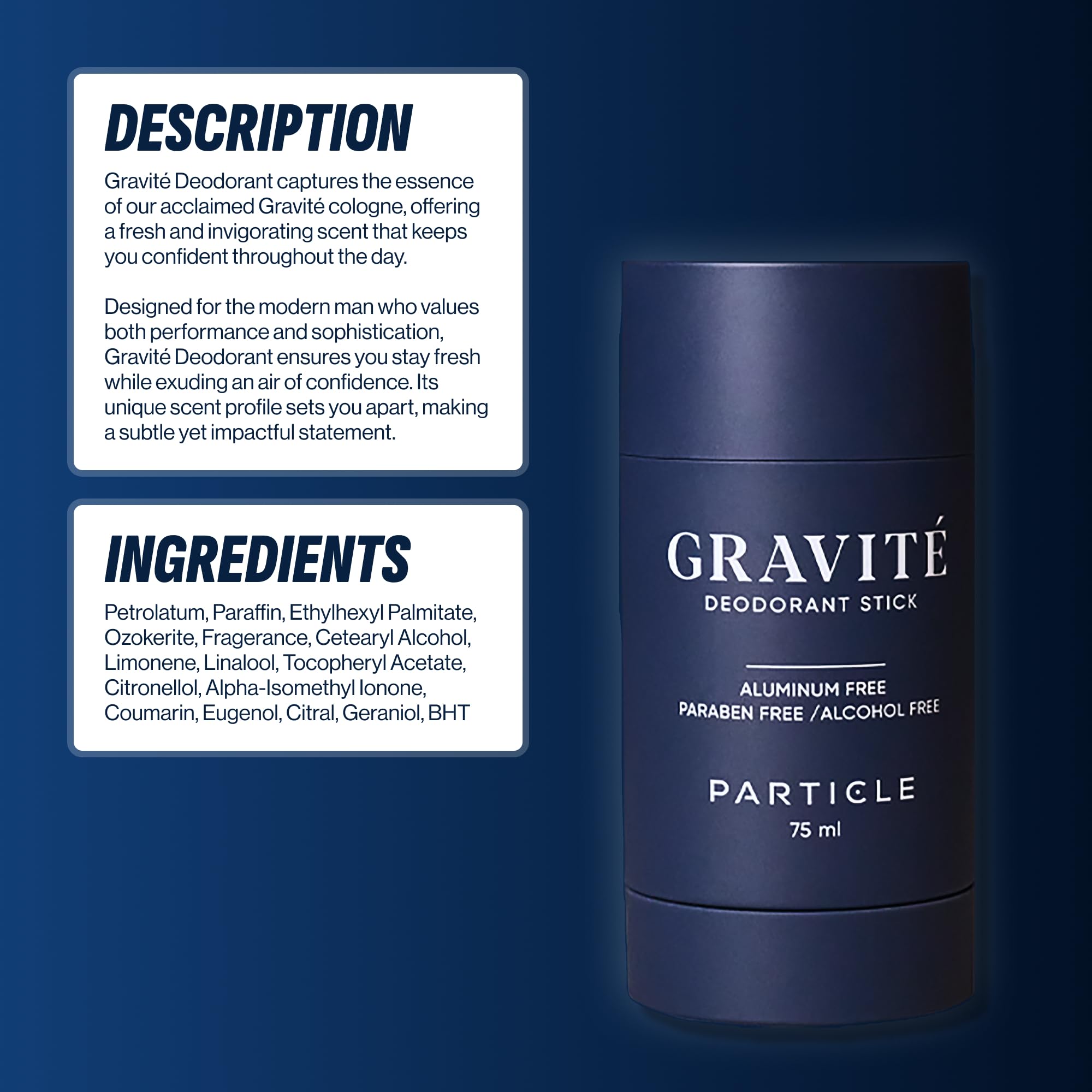 Particle Gravité Deodorant scent profile graphic conveys bergamot and vetiver.