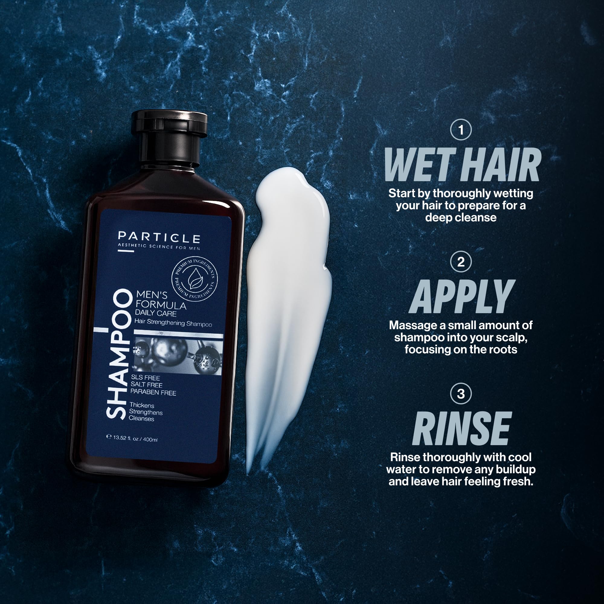 Man using Particle Hair Thickening Shampoo as part of a grooming routine.