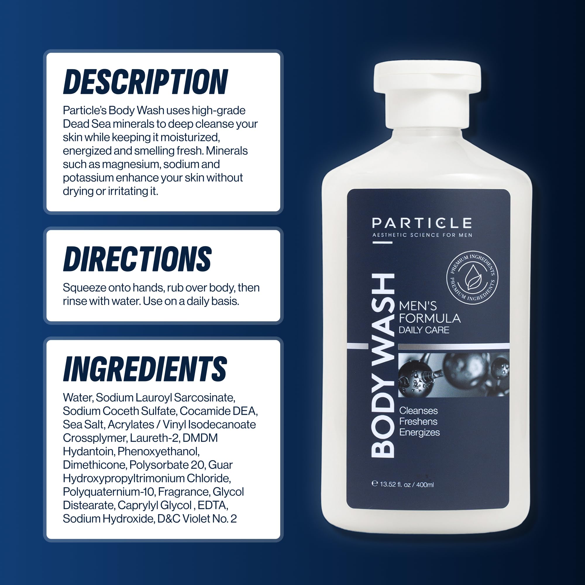 Particle Men’s Body Wash suits all skin types for daily grooming.