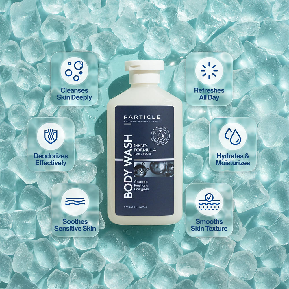 Close-up of rich lather from Particle Men’s Body Wash for hydrating foam.