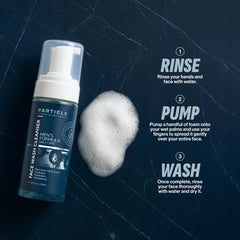 Particle Face Wash bottle with pump cap for easy dispensing.