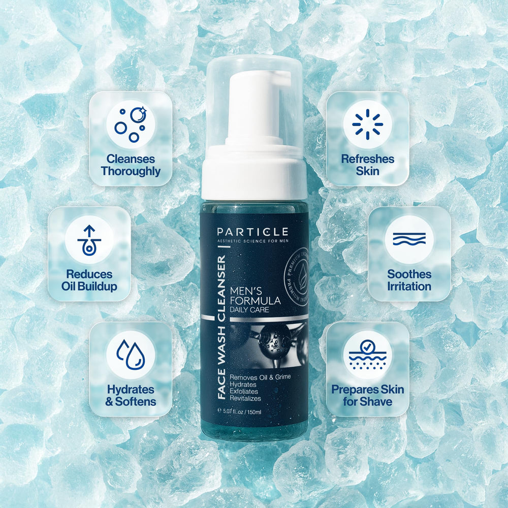 Close-up of Particle Face Wash foam ready to spread on skin.
