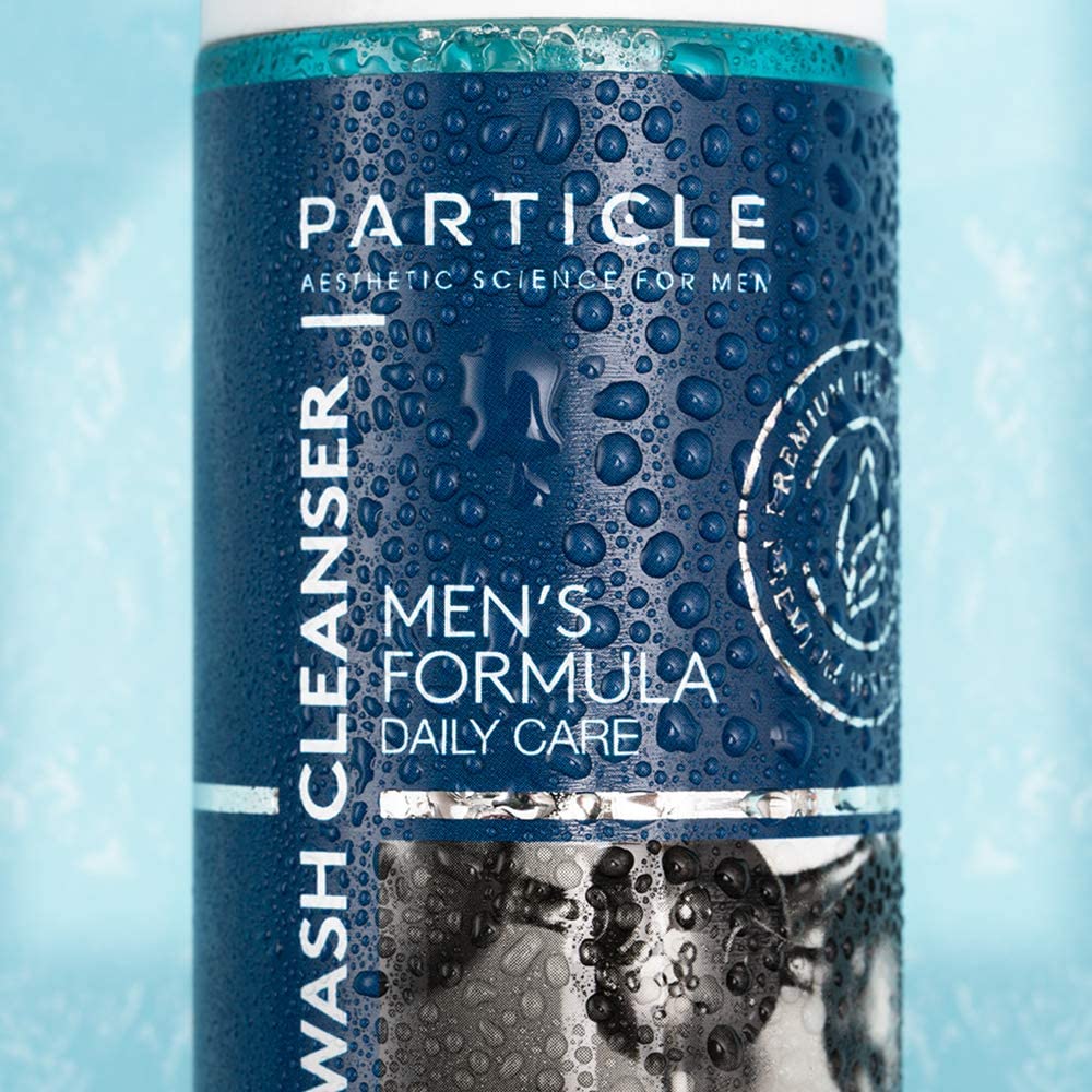 Particle packaging design emphasizes minimalist, everyday masculine skincare.