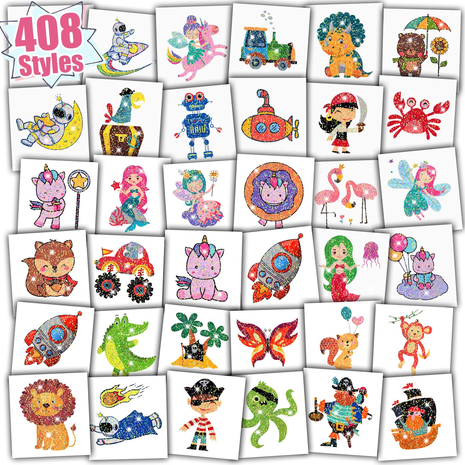Partywind 408 styles tattoos pack with glitter designs for kids' parties.