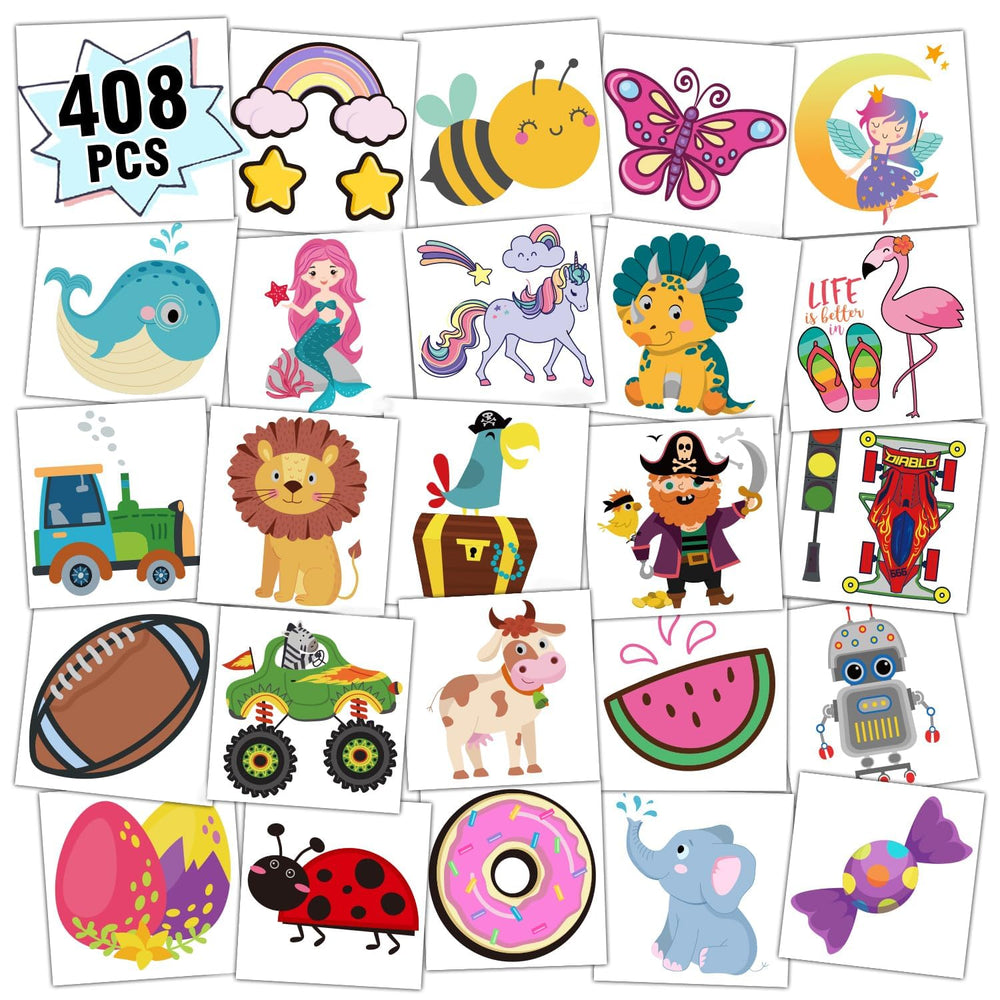 Partywind 408 tatuajes para niños, paquete de variedad perfecto para fiestas infantiles