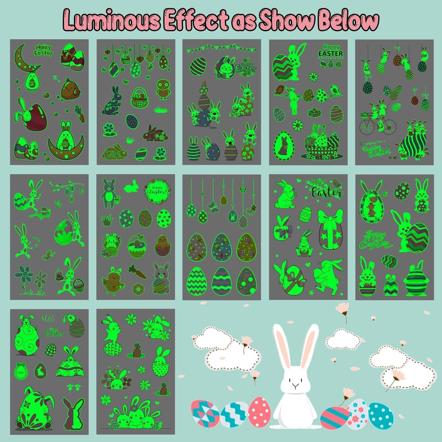 Partywind luminous Easter tattoos varied patterns glow after activation for nighttime play