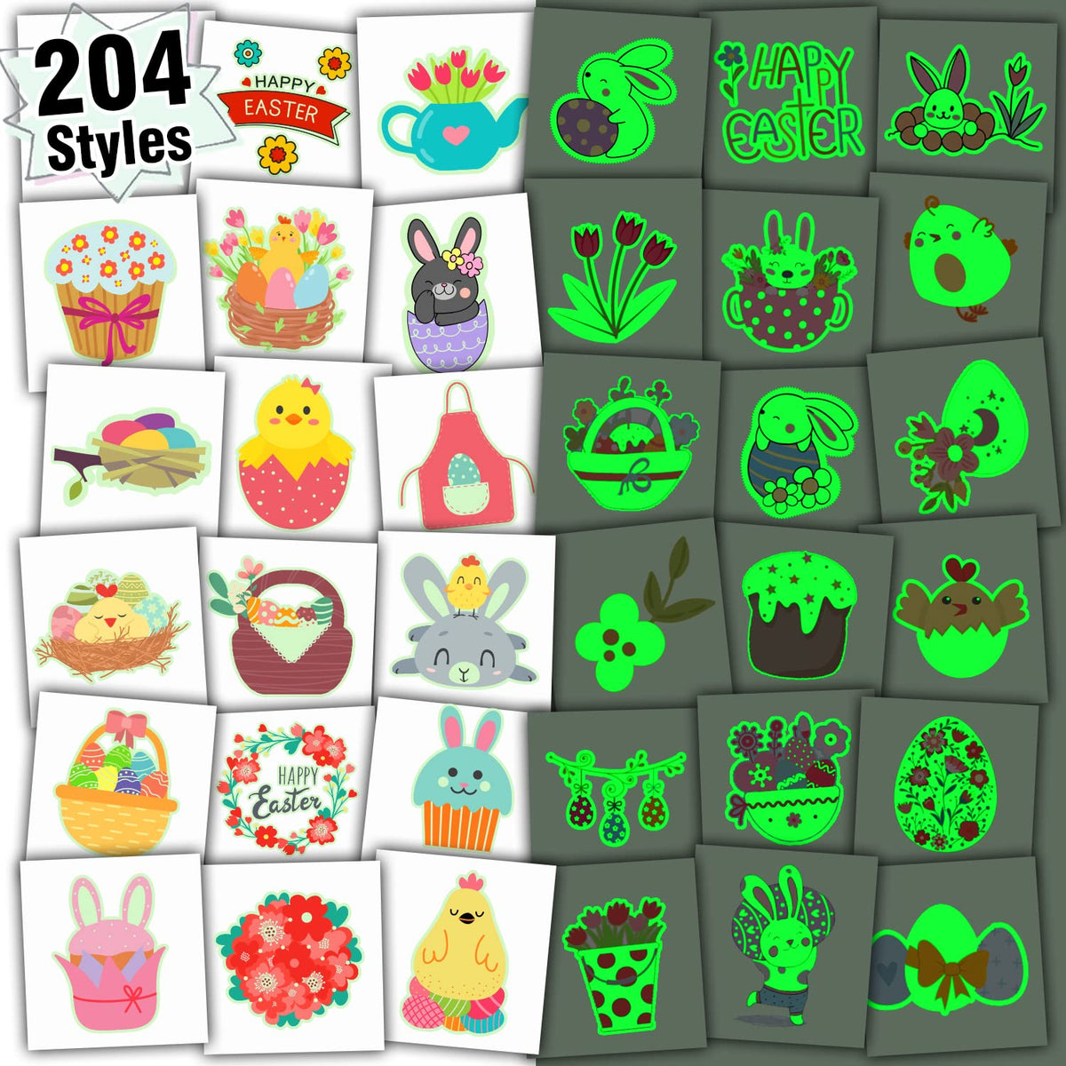 Tatuajes luminosos PARTYWIND de Pascua con 204 estilos para fiestas infantiles.