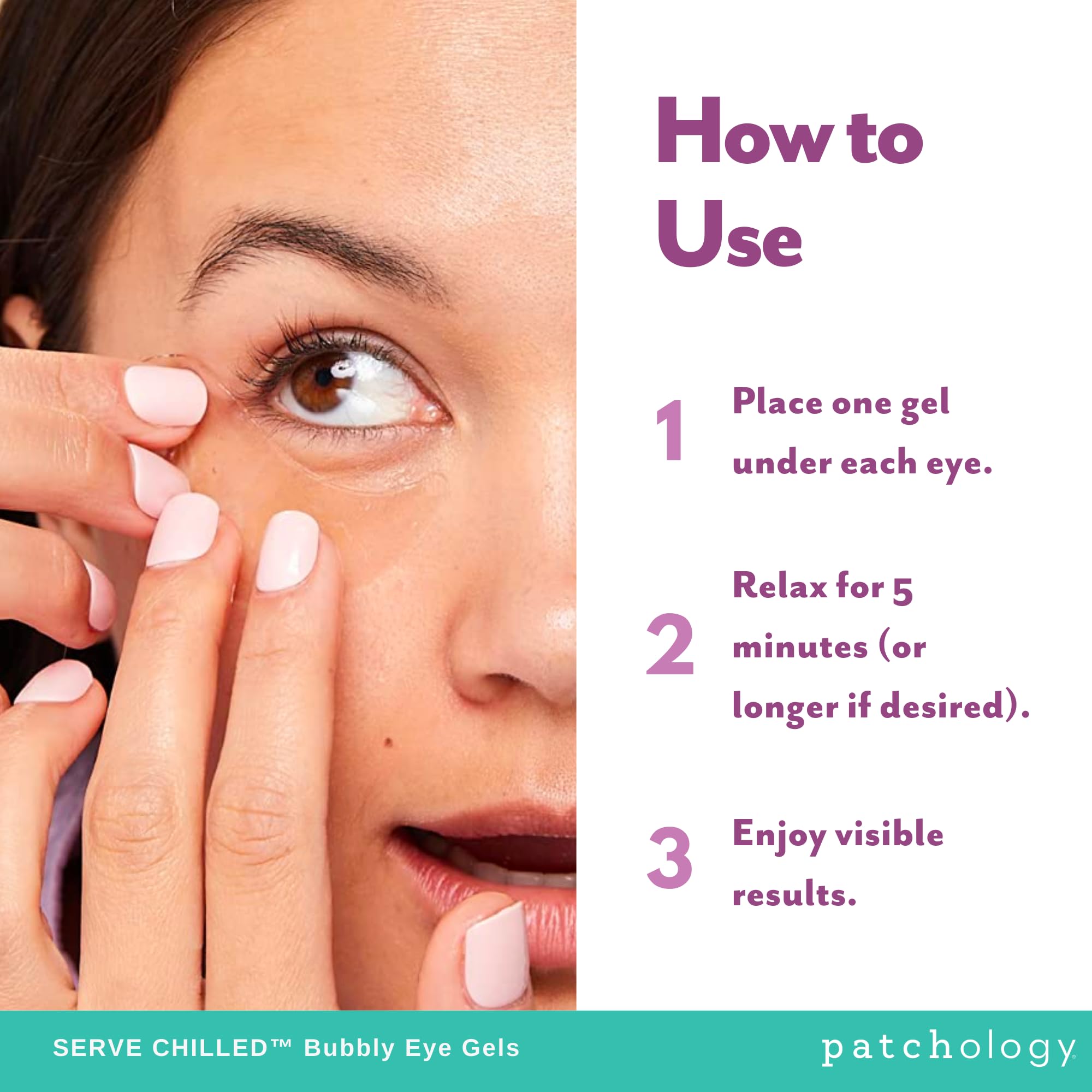 Patchology aplicación ojos limpia, sensación fresca durante uso.