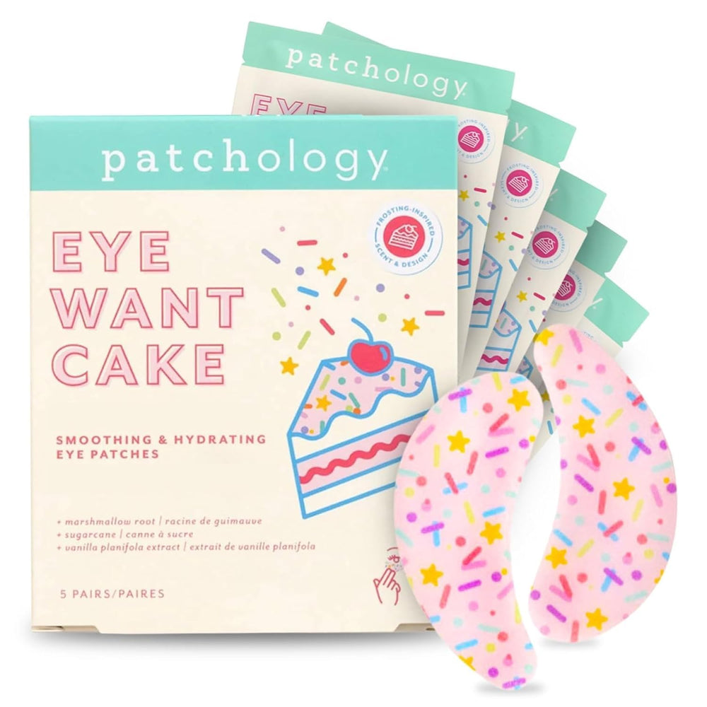 Patchology Eye Want Cake patches in packaging highlight convenient five-pack hydration.