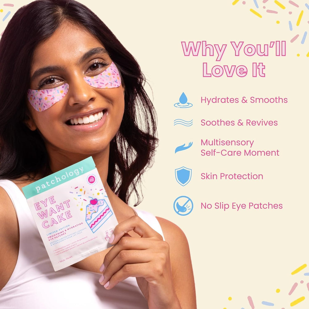 Patchology Eye Want Cake patches feature sprinkle design adding playful self-care appeal.