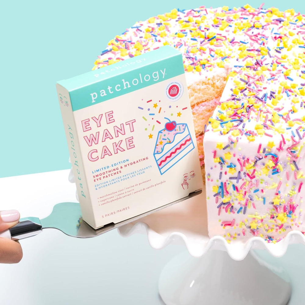 Close-up of Patchology Eye Want Cake patches gel texture delivering cooling hydration.