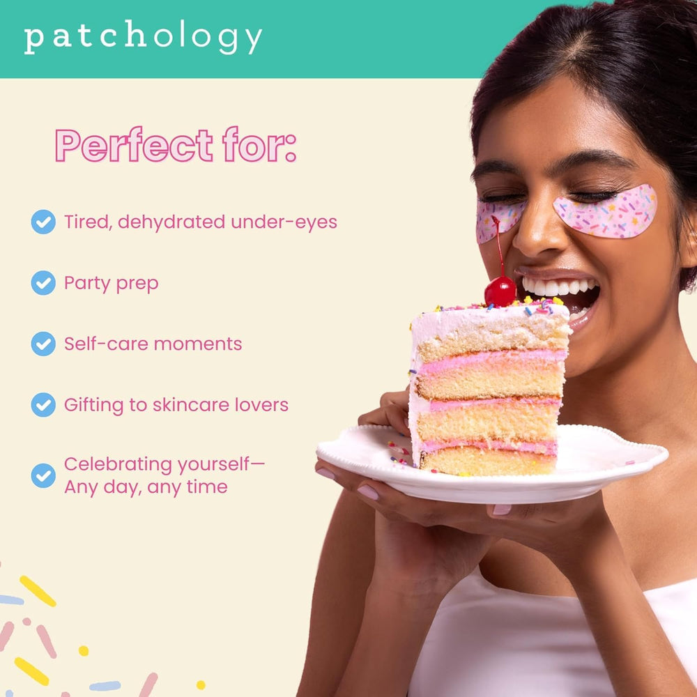 Patchology Eye Want Cake patches on skin showing brighter under-eye area potential.