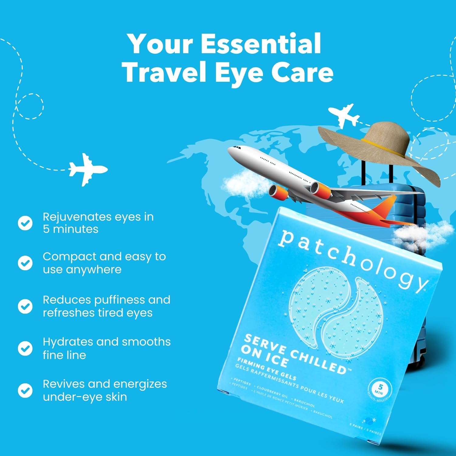 Patchology parches oculares fríos aplicados sobre la piel para mejorar la apariencia.