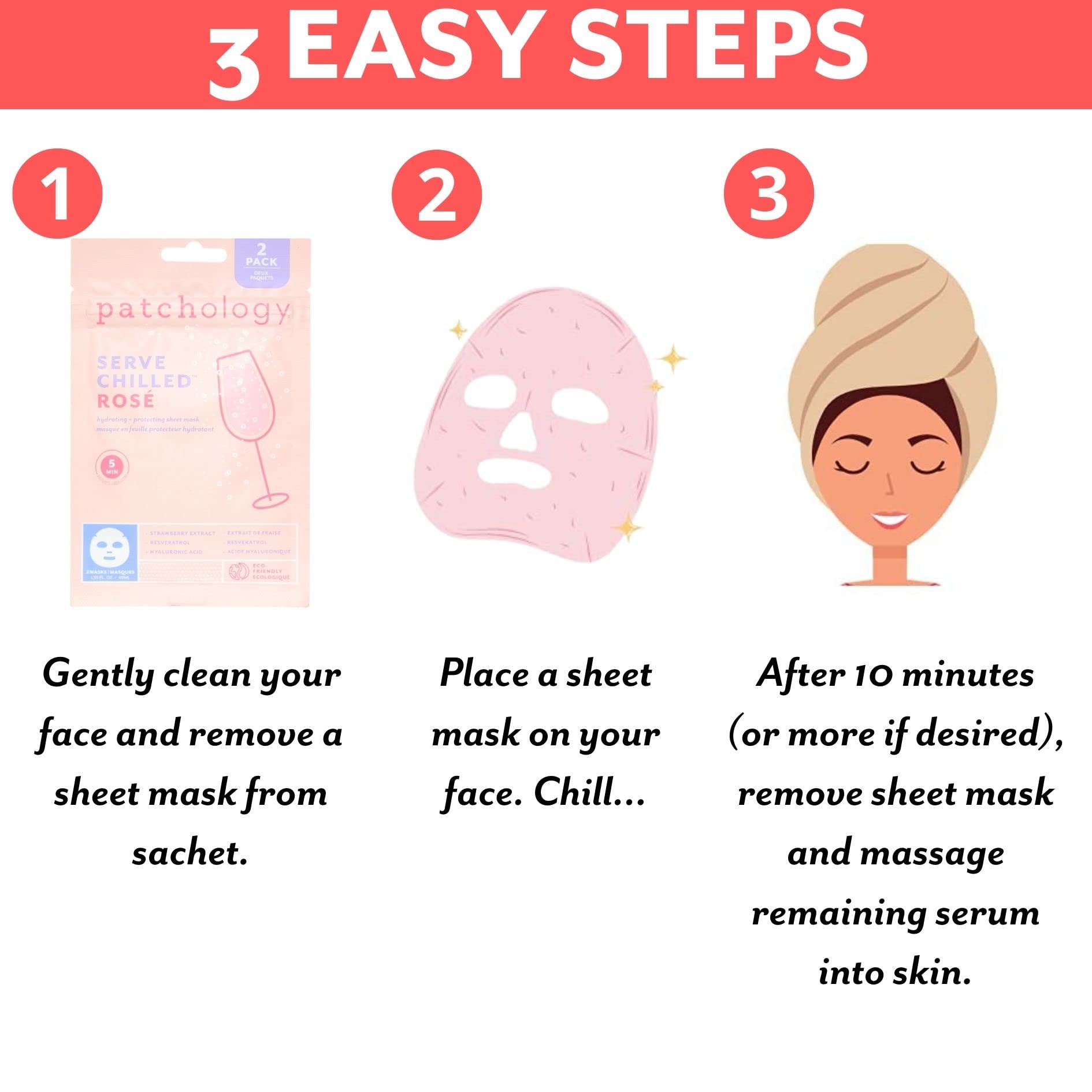 Patchology mask shows strawberry extract and resveratrol for antioxidant support.