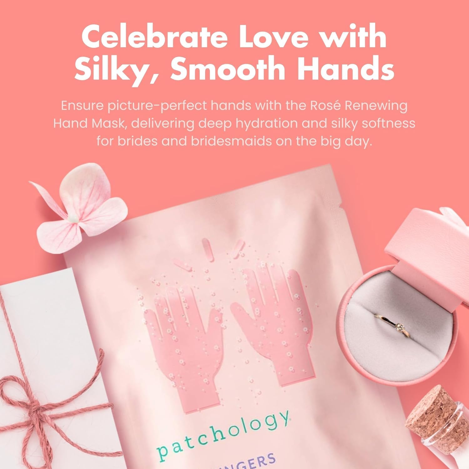 Close-up of Patchology Rosé Fingers glove during application for intense hydration.