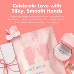 Close-up of Patchology Rosé Fingers glove during application for intense hydration.
