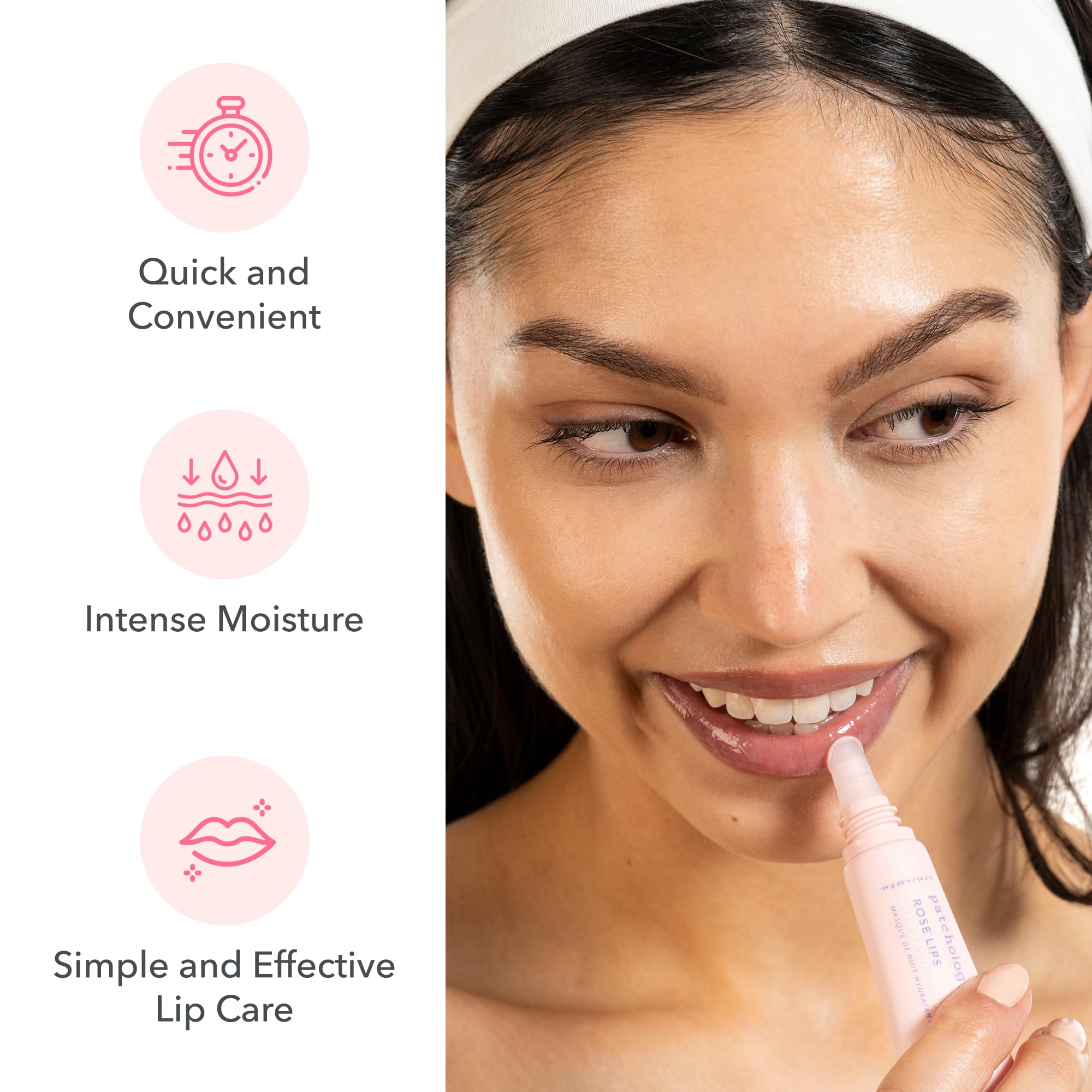 Patchology Rosé Lip Sleeping Mask lip swatch indicating hydration and softness after use.