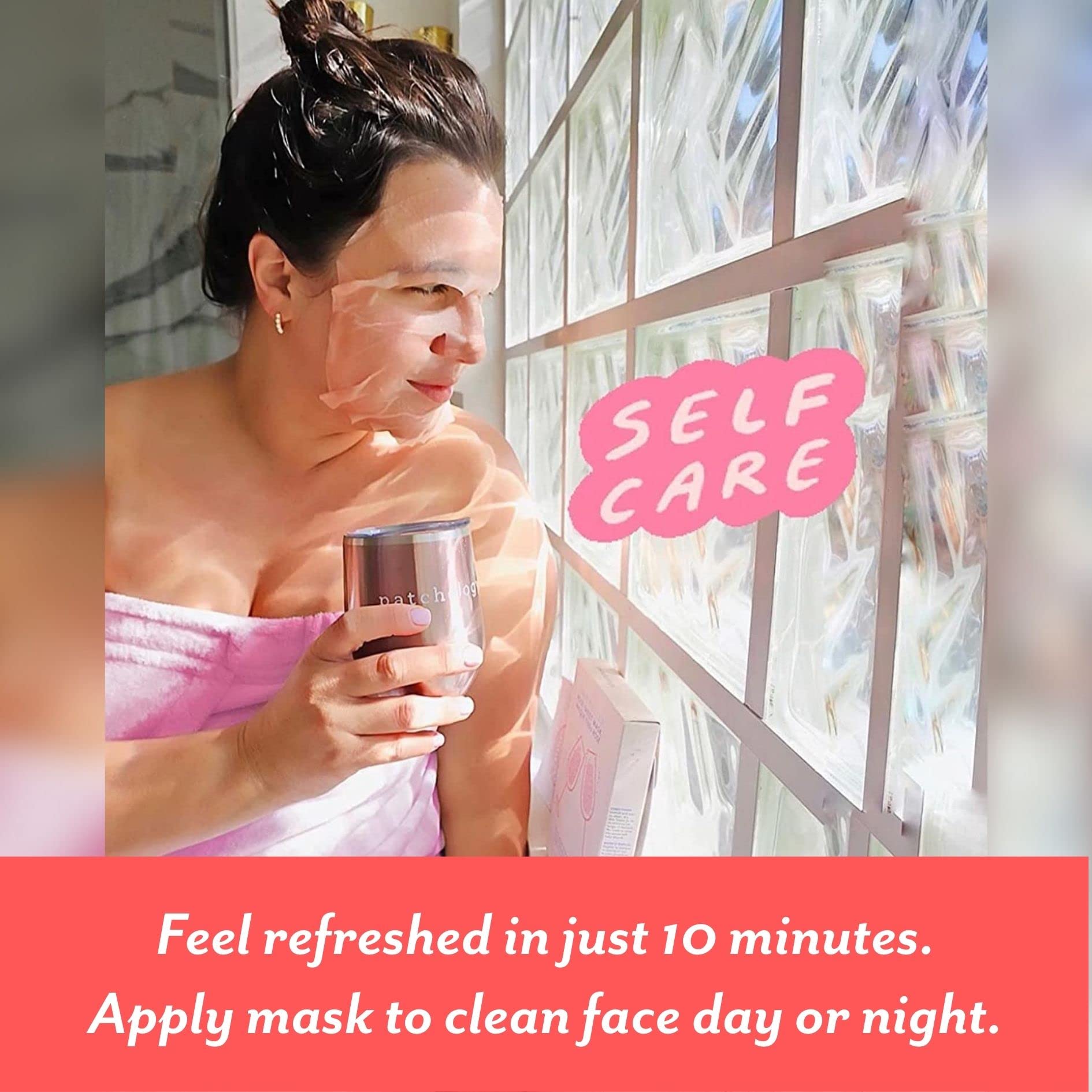 Patchology self-care spa moment in a home setting with rose mask.